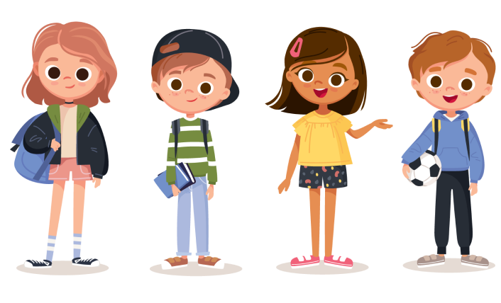 Cartoon illustration of 4 A students